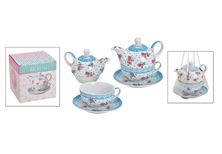 Picture of TEA FOR ONE SET, ROSE DESIGN, BLUE, PORCELAIN, SET OF 3,
